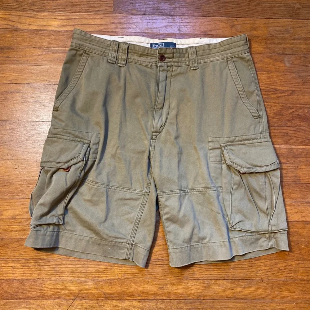 Polo Ralph Lauren Chino Cargo Shorts Baggy Olive Green Cotton Size 35